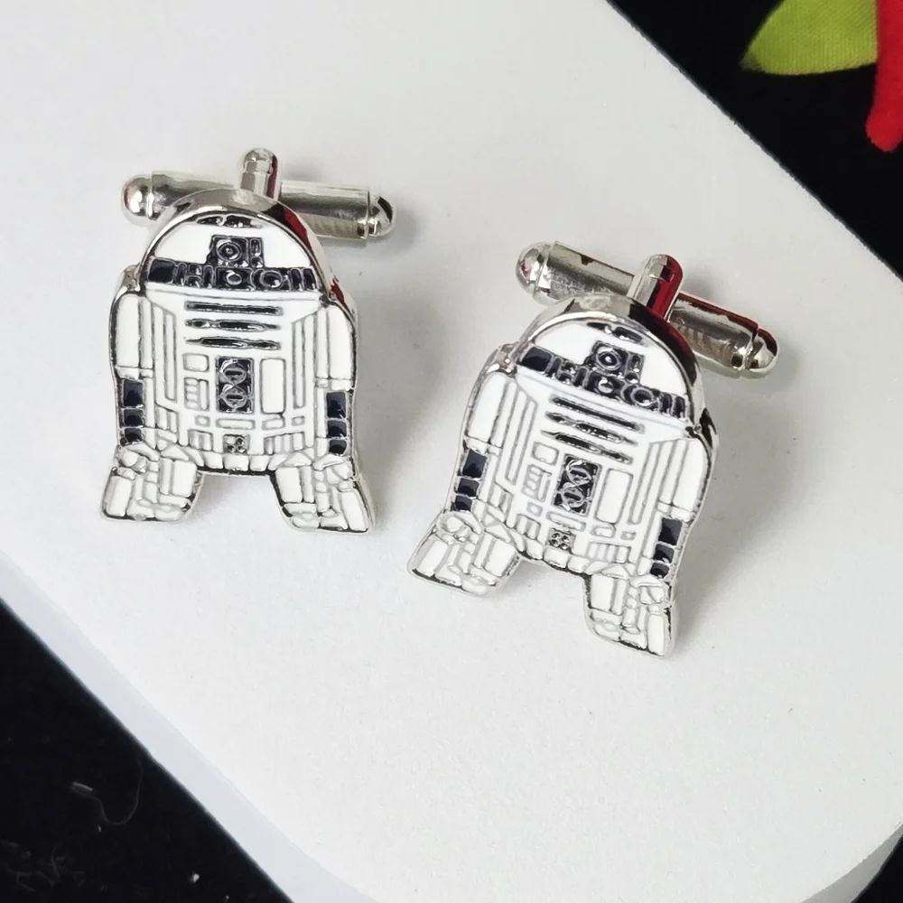 R2-D2 Robot Cufflinks White Enamel Sci-Fi Droid French Cuff Formal Star Wars Fan